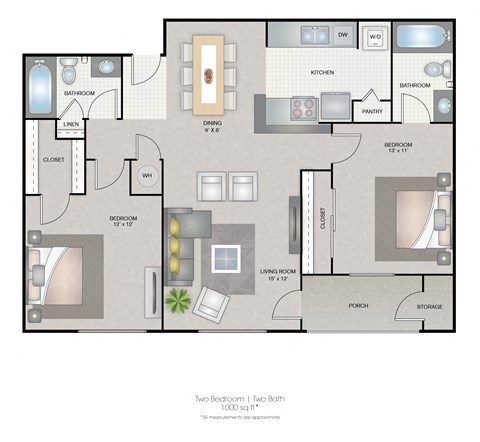 Floor plan for 2 beds, 2 baths, 1000 sqft